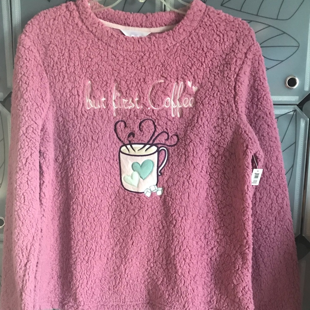 Secret Treasures Women’s Faux Fur Pullover Sleepwear Quotes “ But First Coffee “